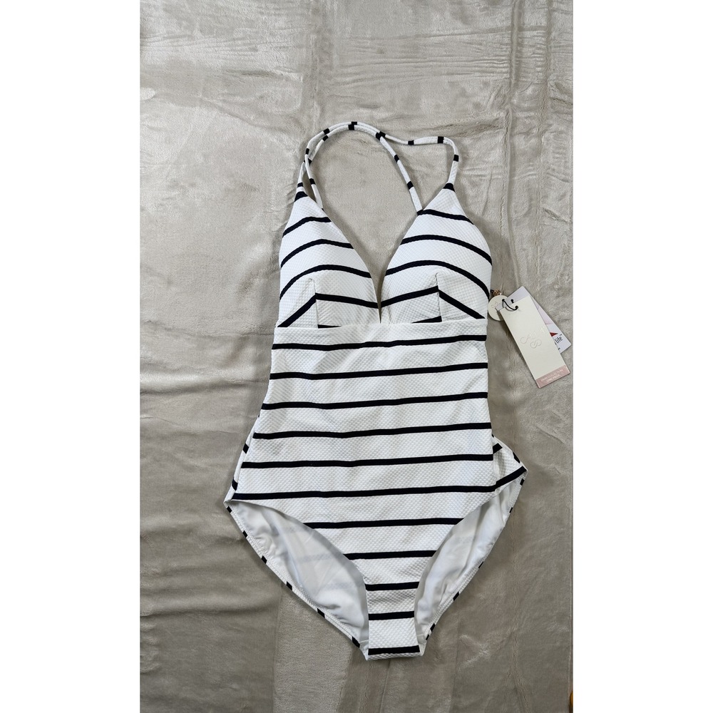 CALIA Womens 6 One Piece Swimsuit White Blue Stripe Tummy Control Strappy NWT